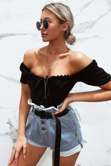 Light Denim High Waist Frilled Hem Paperbag Shorts - Raivyn