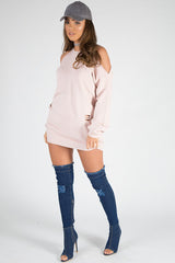Pink Cold Shoulder Distressed Jumper Dress - Kylie