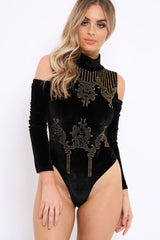 Black Velvet and beaded Cold Shoulder High Neck Bodysuit - Kyndal