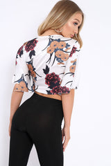 White Floral Print Satin Tie Crop Top - Kynslee