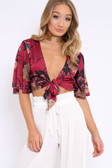 Wine Floral Print Satin Tie Crop Top - Kynslee