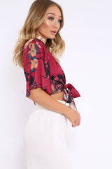 Wine Floral Print Satin Tie Crop Top - Kynslee