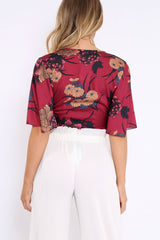 Wine Floral Print Satin Tie Crop Top - Kynslee