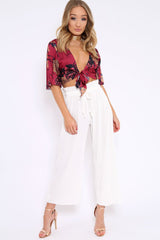 Wine Floral Print Satin Tie Crop Top - Kynslee