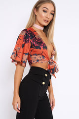 Rust Floral Print Satin Tie Crop Top - Kynslee