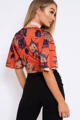 Rust Floral Print Satin Tie Crop Top - Kynslee