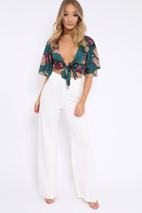 Green Floral Print Satin Tie Crop Top - Kynslee