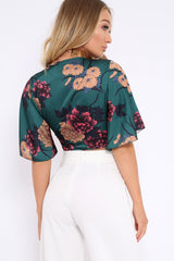 Green Floral Print Satin Tie Crop Top - Kynslee