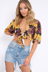 Mustard Floral Print Satin Tie Crop Top - Kynslee