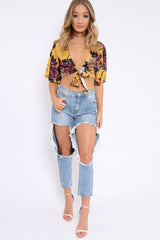 Mustard Floral Print Satin Tie Crop Top - Kynslee