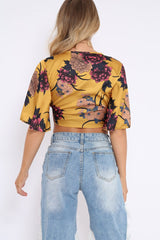 Mustard Floral Print Satin Tie Crop Top - Kynslee
