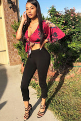 Wine Floral Print Satin Tie Crop Top - Kynslee