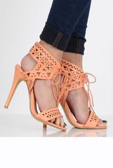 Coral PU Lazer Cut Lace Up Heels - Kyra