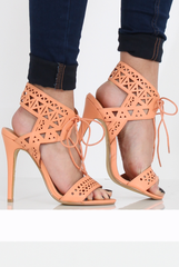 Coral PU Lazer Cut Lace Up Heels - Kyra