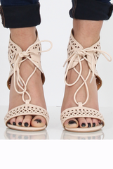 Nude PU Lazer Cut Lace Up Heels - Kyra