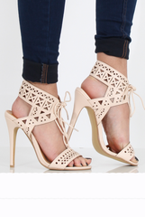 Nude PU Lazer Cut Lace Up Heels - Kyra