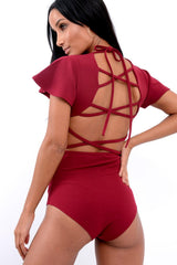 Wine Lace Up Back Bodysuit - Kyra