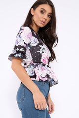 Black Floral Ruffle Peplum Top - Kyriee