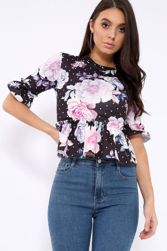Black Floral Ruffle Peplum Top - Kyriee
