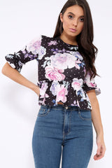 Black Floral Ruffle Peplum Top - Kyriee