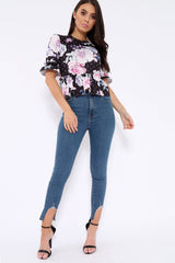 Black Floral Ruffle Peplum Top - Kyriee