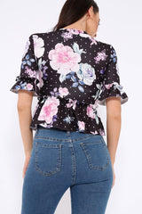 Black Floral Ruffle Peplum Top - Kyriee