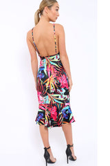 Black Floral Midi Dress with Frill Detail - Kyrstin