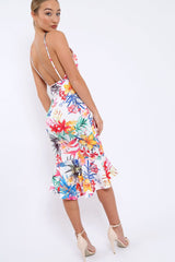 White Floral Midi Dress with Frill Detail - Kyrstin