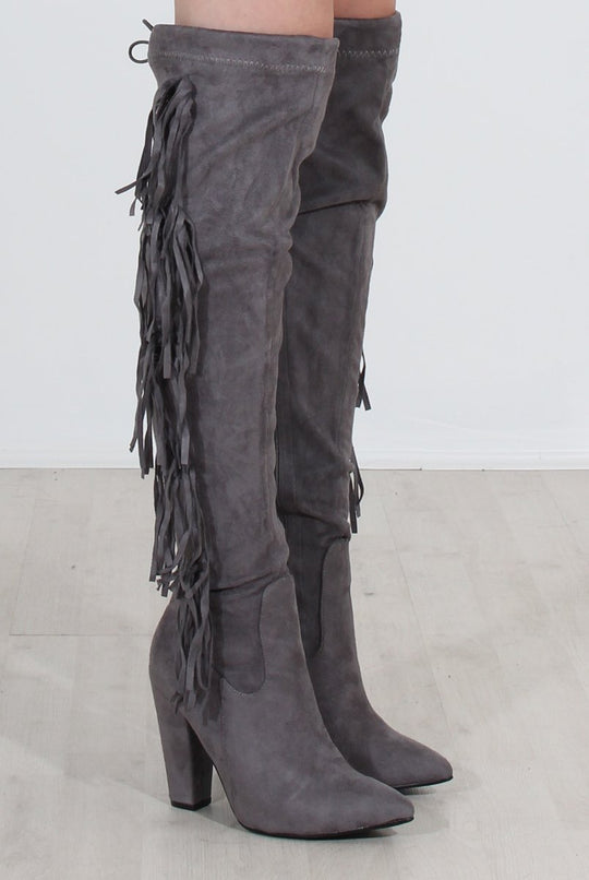 Nula Grey Tassel Knee High Boots