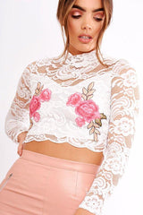 White Lace Embroidered High Neck Crop Top - Larissa