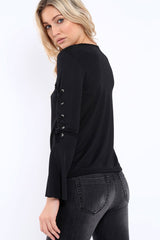 Black Bell Sleeved Top with Lace up Detail - Fate
