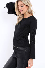 Black Bell Sleeved Top with Lace up Detail - Fate