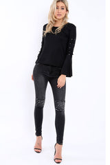 Black Bell Sleeved Top with Lace up Detail - Fate