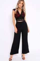 Red With Black Lace Plunge Top - Christy