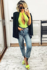 Neon Yellow Net Lace Keyhole Front High Neck Bodysuit - Safiya