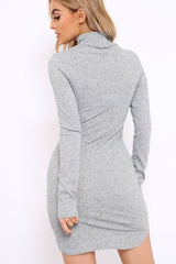 Grey Thin Knit Roll Neck Jumper Dress - Lacy