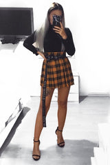 Mustard Check Button Front Pleated Skirt - Laela