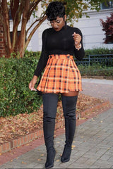 Orange Tartan Button Front Pleated Skirt - Laela