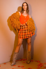 Orange Tartan Button Front Pleated Skirt - Laela