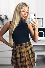 Mustard Check Button Front Pleated Skirt - Laela