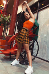 Mustard Check Button Front Pleated Skirt - Laela