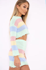 Multi Coloured Pastel Knitted Cropped Jumper And Skirt Co-Ord - Lahna