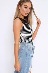 White and Black Stripe Mesh Detail Bodysuit - Lakendra