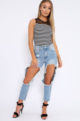 White and Black Stripe Mesh Detail Bodysuit - Lakendra