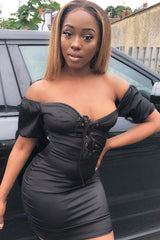 Black Lace Up Detail Satin Mini Dress - Tinslee