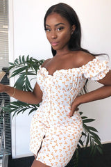 White Orange Polka Dot Milkmaid Button Front Dress - Eisa