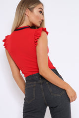Red Sleeveless Frill Stripe Bodysuit - Laili