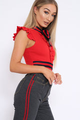 Red Sleeveless Frill Stripe Bodysuit - Laili
