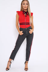 Red Sleeveless Frill Stripe Bodysuit - Laili