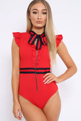 Red Sleeveless Frill Stripe Bodysuit - Laili